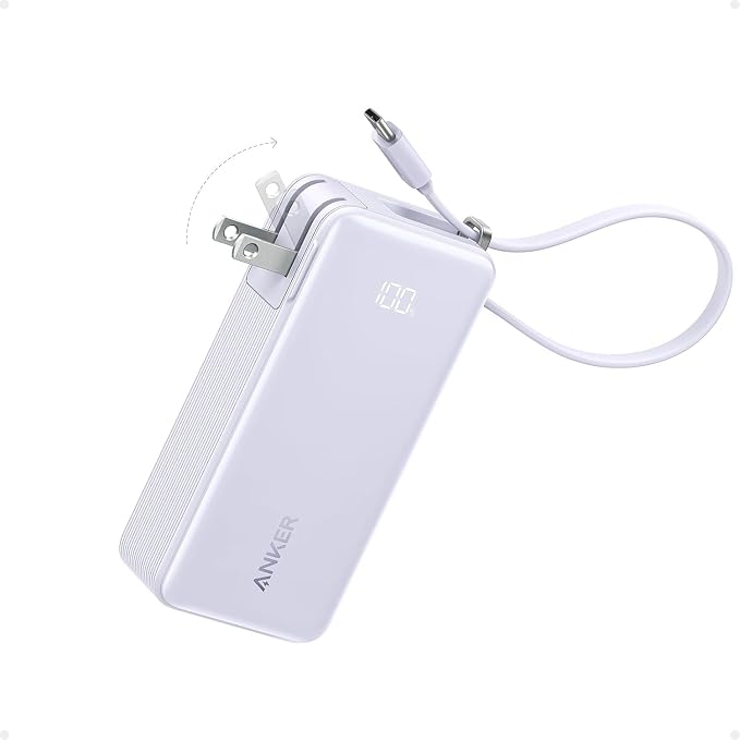 Anker - Cargador portátil nano 3 en 1 para iPhone, 10 000 mAh, con cable USB-C integrado y enchufe de pared plegable, paquete de batería de 30 W máximo, para iPhone 15/16, Galaxy y MacBook