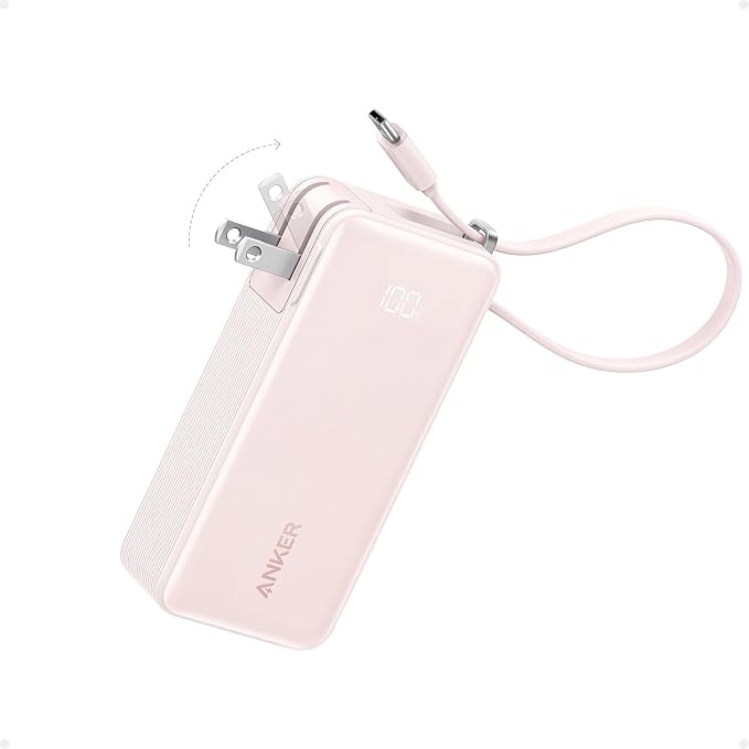 Anker Cargador portátil Nano 3 en 1 para iPhone, batería externa de 10,000 mAh con cable USB-C integrado y enchufe de pared plegable, paquete de batería de 30 W máximo, artículos esenciales de viaje