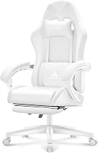 Silla de Juegos Blanca, Silla de Oficina Ergonómica con Respaldo y Masaje, con Reposapiés, Cojín de Muelles de Bolsillo, Silla Reclinable de Cuero Ajustable para Juego con Reposacabezas y