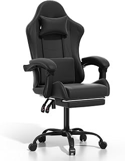 Silla de juegos con reposapiés, silla ergonómica de escritorio para juegos de computadora con soporte lumbar y reposacabezas, silla de oficina ajustable de piel sintética, silla giratoria