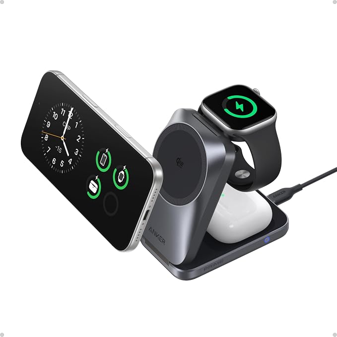 Anker Cargador MagSafe plegable Prime de 25 W, estación de carga 3 en 1 de tamaño de palma, certificado Qi2.2, cargador inalámbrico AirCool, para iPhone 17, Apple Watch, AirPods (sin batería, con adaptador)
