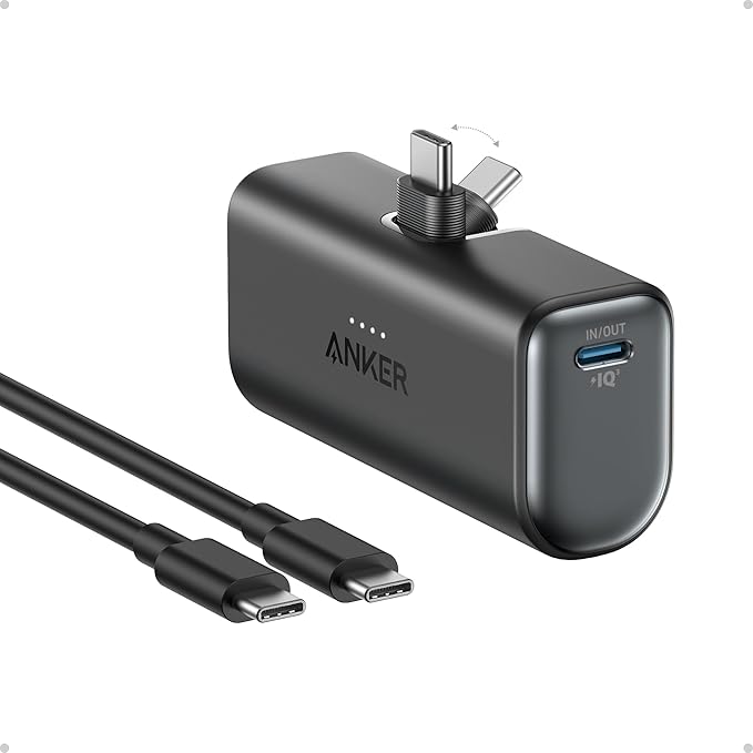 Anker Cargador portátil para iPhone 17, Nano Power Bank con conector USB C integrado, cargador portátil de 5,000 mAh de 22.5 W, para iPhone 17/16/15 Series, Samsung S22/23 Series, iPad Pro/Air
