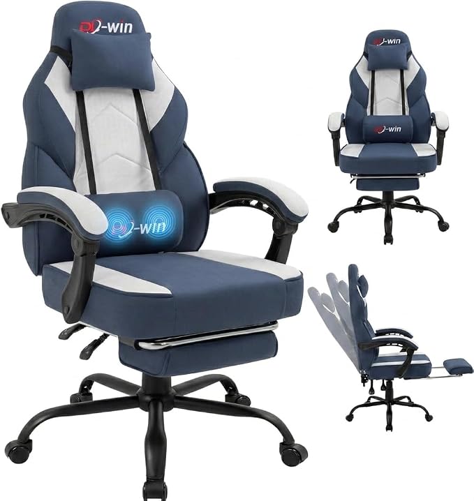 Shintenchi Silla de juegos grande y alta, cojín de resorte de tela, sillón reclinable de respaldo alto con reposapiés y reposacabezas para adultos, soporte lumbar de masaje para oficina en casa, silla