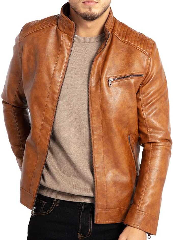 WULFUL Chaqueta de cuero con cuello alto para hombre