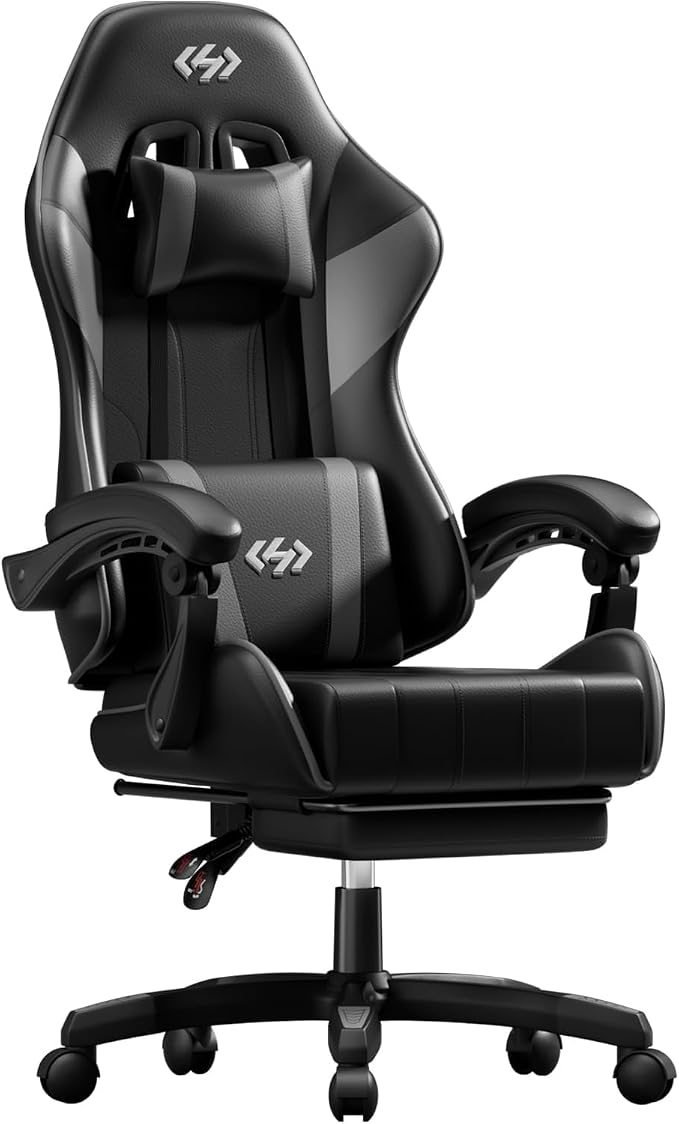 HLDIRECT Silla de videojuegos, silla ergonómica de oficina para computadora con soporte lumbar, reposapiés, reposacabezas, altura ajustable y ángulo de respaldo, silla para videojuegos, piel sintética