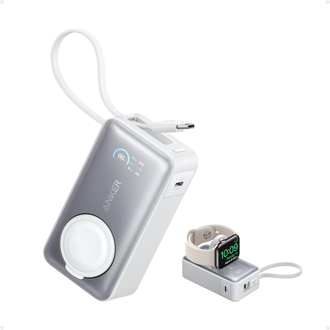 Anker MagGo Power Bank para Apple Watch, batería compacta de 10,000 mAh con certificado oficial y cable USB-C integrado, 35 W Max, para iPhone 15 Series, Samsung, iPad, AirPods y más (blanco)
