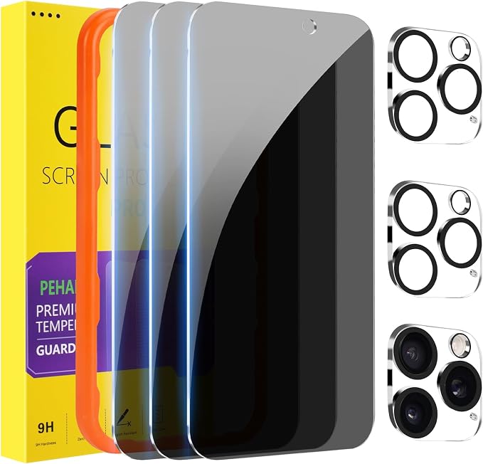 PEHAEL Paquete de 3+3 protectores de pantalla de privacidad para iPhone 16 Pro con protector de lente de cámara, cobertura completa, película de vidrio templado antiespía, dureza 9H, fácil instalación