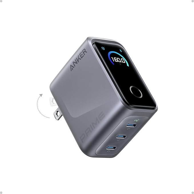 Cargador Anker Prime, Bloque de Carga GaN USB C Compacto de 160W con 3 Puertos, Pantalla Inteligente y Control Táctil, Carga Máxima de 140W a Través de Cualquier Puerto Individual, para MacBook