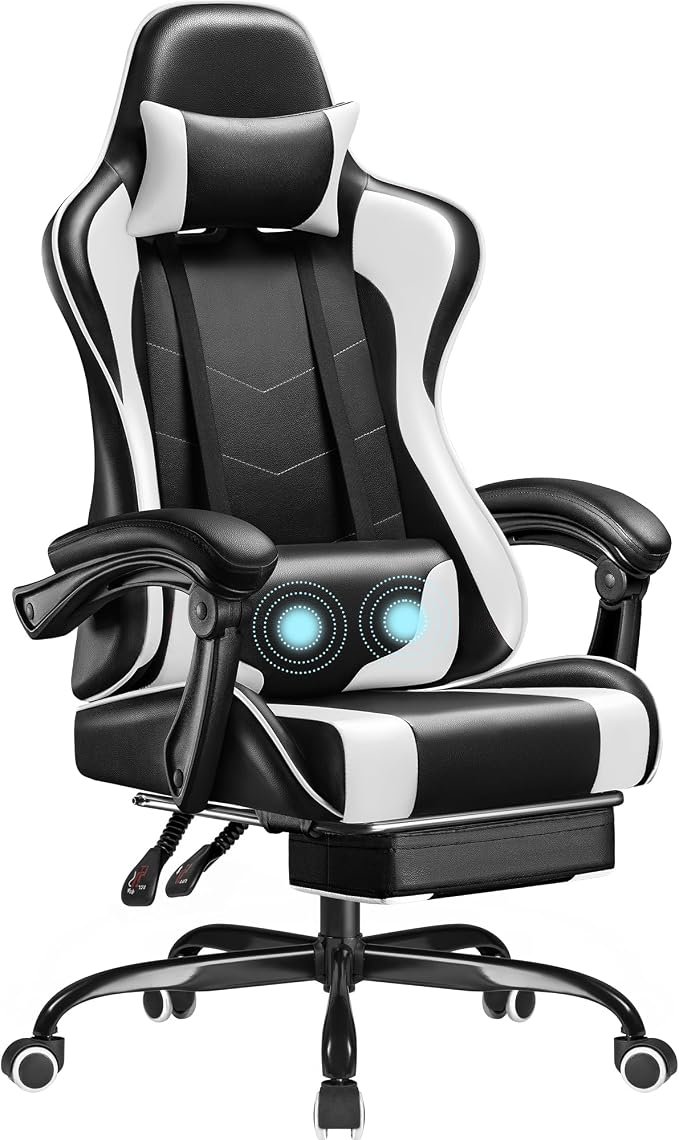 Homall - Silla para juegos, silla para videojuegos con reposapiés y soporte lumbar de masaje, silla de computadora ergonómica con altura ajustable, asiento giratorio y reposacabezas (blanco)