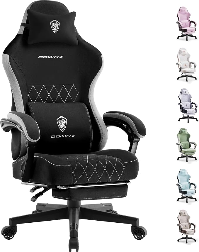 Dowinx Silla de Gaming de Tela, Silla Ergonómica de Computadora con Reposapiés y Cojín de Resorte de Bolsillo, Silla de Videojuegos Ajustable en Altura con Soporte Lumbar para Adultos, Negro