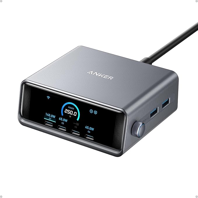 Anker Cargador Prime, estación de carga USB C GaN Prime de 250 W, 6 puertos ultrarrápidos, pantalla LCD de 2.26 pulgadas y dial de control inteligente, compatible con MacBook Pro/Air, iPhone 16/15/14