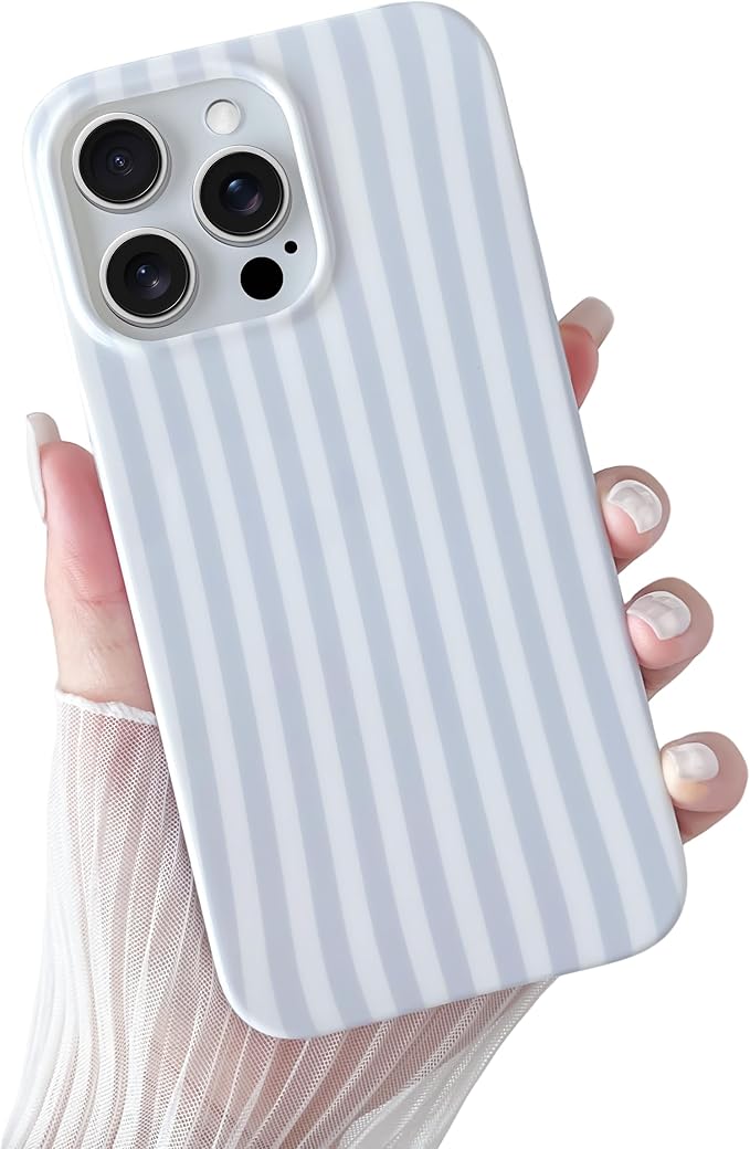Yeddabox Funda para iPhone 16 Pro, bonita funda de teléfono a rayas, TPU suave, delgada, a prueba de golpes, para mujeres y niñas, azul y blanco