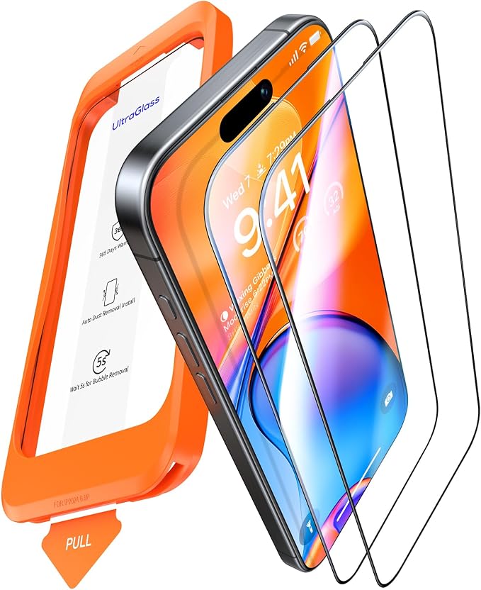 UltraGlass Unbreak Top - Vidrio templado 9H+ protector de pantalla iPhone 16 Pro de 6.3 pulgadas, antiroturas de grado militar desde 12 pies, máxima durabilidad, cobertura total, paquete de 2 unidades