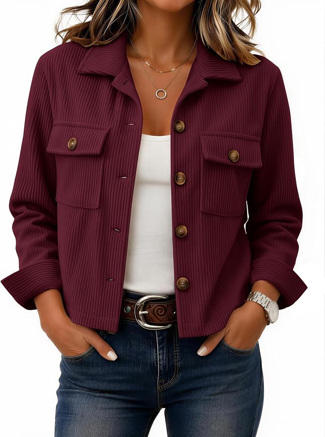 Zeagoo Chaqueta corta de pana con botones y manga larga para...