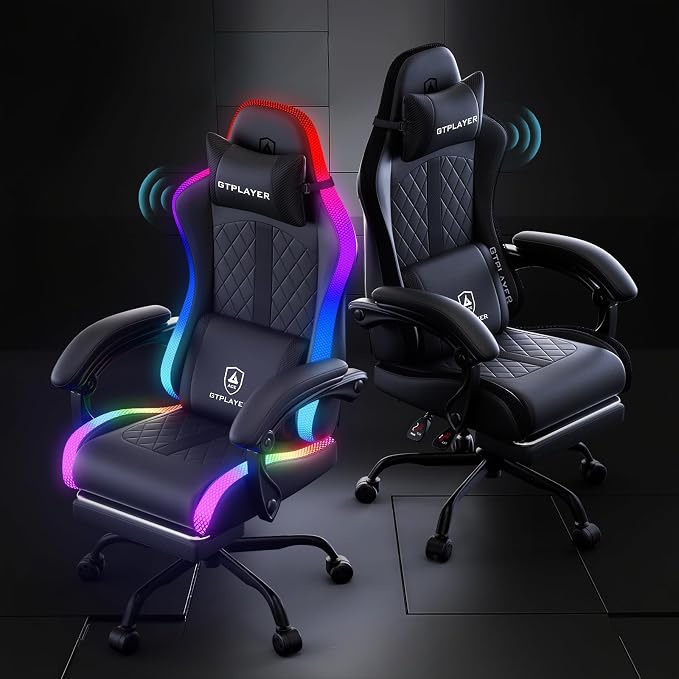 Silla de juego RGB GTPLAYER con altavoces, silla de juego para computadora con reposapiés y luces LED, sillas de juego para PC para adultos, sillas de oficina reclinables de respaldo alto, brazo de