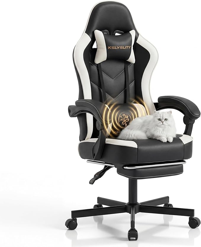 Silla de escritorio para juegos para computadora, silla de oficina ergonómica de respaldo alto con reposapiés y soporte lumbar, sillas giratorias cómodas para videojuegos para el hogar con cojín de resorte bolsillo para adultos (cuero blanco)