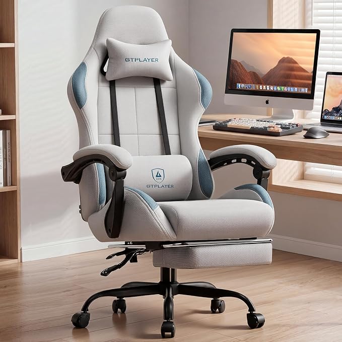 GTPLAYER Silla de juegos de tela con cojín de resorte de bolsillo, silla de oficina para computadora con soporte lumbar para adultos, reposabrazos y reposapiés, sillas ergonómicas para juegos, altura