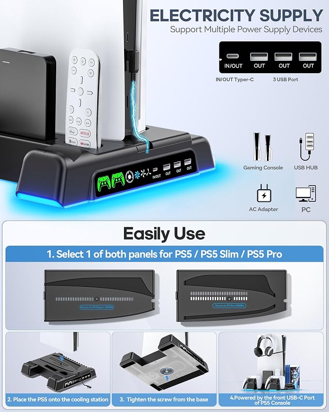 PS5/Slim/Pro Stand and Cooling Station with LED Controller C...