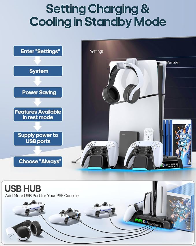 PS5/Slim/Pro Stand and Cooling Station with LED Controller C...