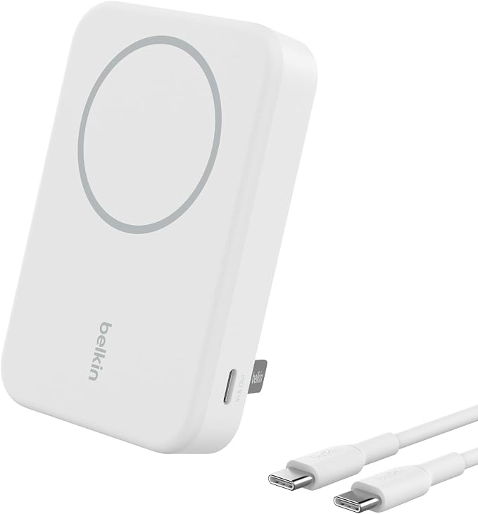 Belkin Cargador portátil, batería externa de 10000 mAh con Qi2, cargador para iPhone, cargador MagSafe con soporte desplegable integrado para iPhone 17, Air, Pro, Pro Max, AirPods, Apple Watch, Google