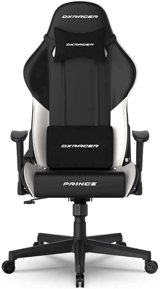 DXRacer Prince Series L - Silla de computadora reclinable, ergonómica y cómoda con reposabrazos 2D, base de asiento en forma de ala y almohada para reposacabezas de piel sintética (cuero sintético, negro y blanco)