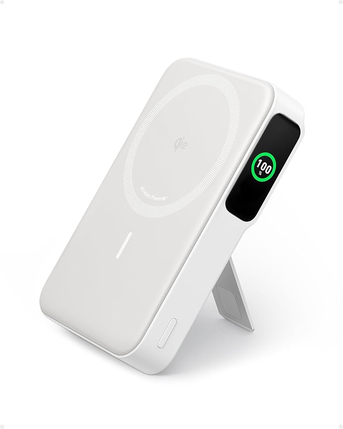 Anker MagGo Power Bank, Cargador portátil compatible con MagSafe, certificado Qi2 de 15W de carga ultrarrápida, paquete de batería de 10,000 mAh con pantalla inteligente y soporte plegable, solo para