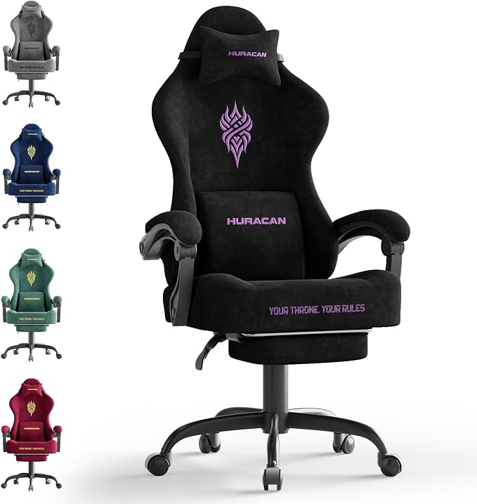 Ferghana Silla de juegos de tela de terciopelo, cojín de asiento de 20.5 pulgadas más ancho, bordado de fuego, silla de juego ergonómica de respaldo alto con reposapiés | Silla de computadora con soporte lumbar de masaje para adultos, color negro
