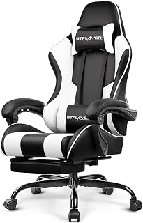 GTPLAYER Silla para videojuegos, silla de computadora con reposapiés y soporte lumbar, silla de juego de altura ajustable con asiento giratorio de 360° y reposacabezas y para oficina o juegos (blanco