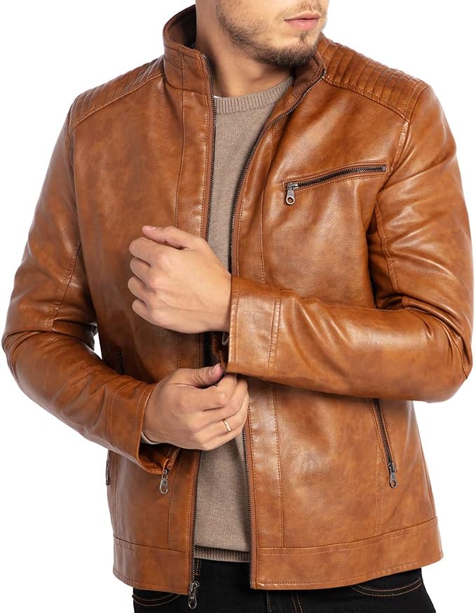 WULFUL Chaqueta de cuero con cuello alto para hombre