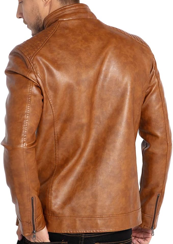 WULFUL Chaqueta de cuero con cuello alto para hombre