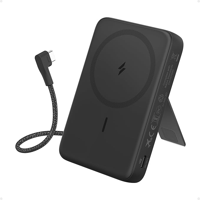 Anker Zolo Banco de Energía Magnético, Cargador Portátil Inalámbrico de 10,000mAh con Carga Rápida Máxima de 30W, Paquete de Batería con Cable USB-C Integrado y Soporte Ajustable, para iPhone 16/15