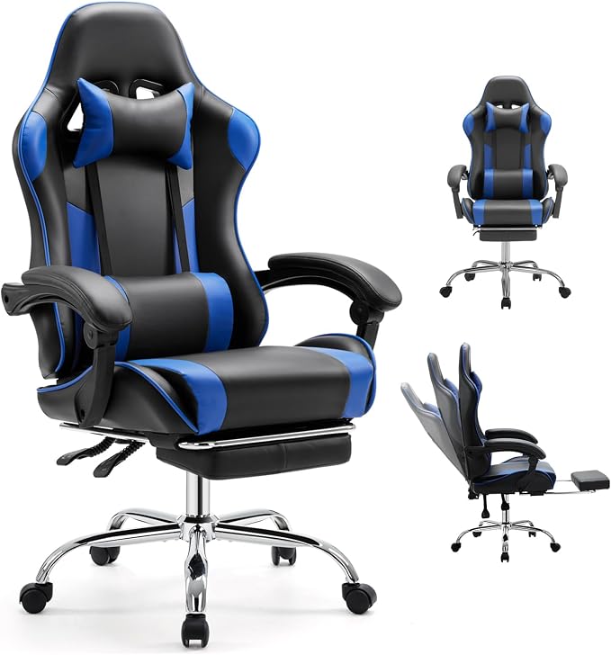 DUMOS Silla ergonómica para juegos y oficina con apoyabrazos articulados para adultos, silla de computadora ajustable en altura con reposapiés y reposacabezas, silla giratoria de 360° reclinable de