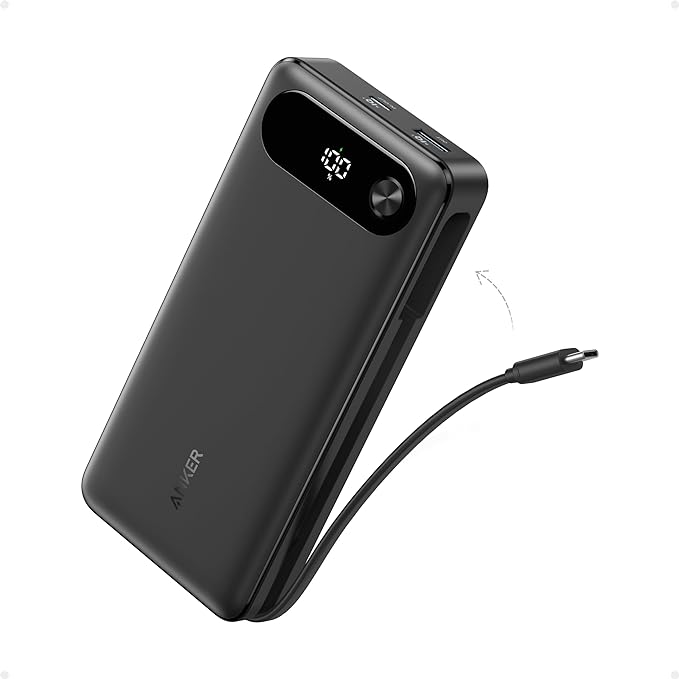 Anker Power Bank, cargador portátil esencial de viaje de 20,000 mAh con cable USB-C integrado, paquete de batería de carga rápida de 3 puertos de 87 W máximo, para MacBook, iPhone 16/15 Series