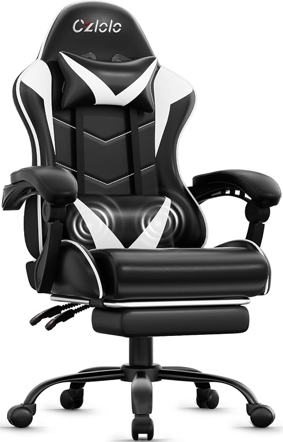 Czlolo Silla de juegos con reposapiés, estilo carreras, soporte lumbar, masajeador, silla de videojuegos con patas de metal, silla gamer reclinable de respaldo alto con reposacabezas, silla giratoria