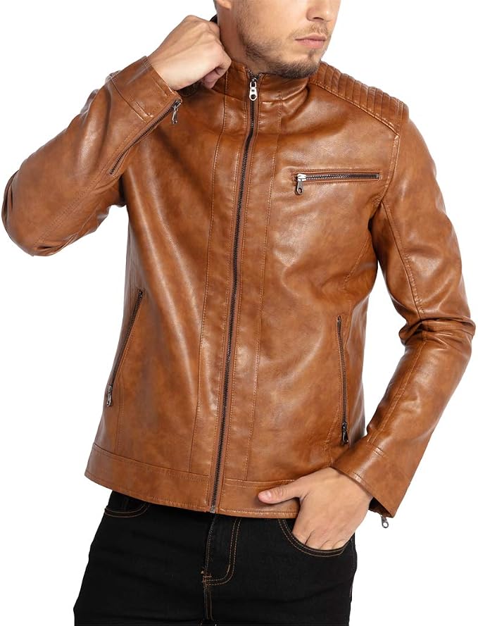 WULFUL Chaqueta de cuero con cuello alto para hombre