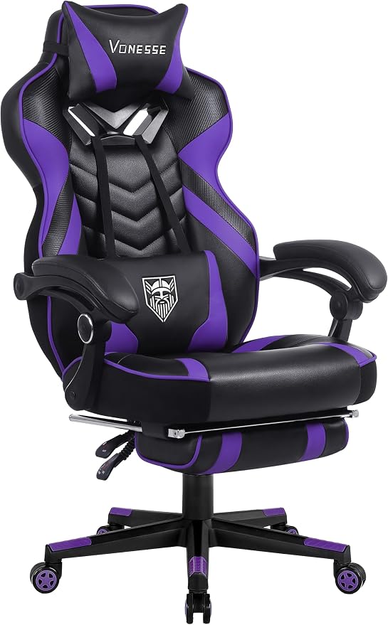 Vonesse Silla de juegos, silla de juegos grande y alta con reposapiés y masaje, sillas de juegos para adultos con soporte lumbar, silla ergonómica de respaldo alto para computadora con cojín de resorte de bolsillo (púrpura/negro)