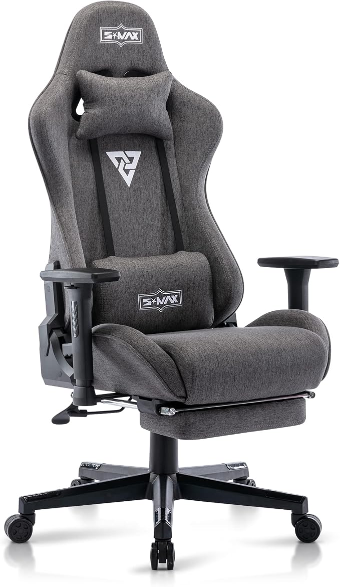 S*MAX Silla de juegos de tela con reposapiés, asiento grueso, silla ergonómica para juegos con reposabrazos 3D, sillas de tela transpirable para adultos, reposacabezas y soporte lumbar, sillas de juegos para adultos, color gris
