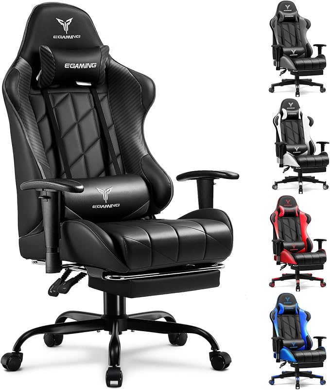 Silla de juegos con reposapiés, silla ergonómica de piel sintética con respaldo alto y reposabrazos ajustables 3D, reposacabezas y soporte lumbar, silla de escritorio de oficina con costuras de diamante para adultos y adolescentes