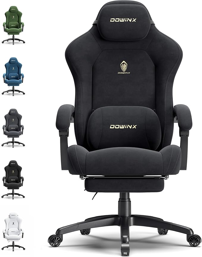 Dowinx Silla de juegos grande y alta, silla de juego de tela de gamuza con cojín de resorte de bolsillo, silla de jugador de respaldo alto ergonómica con reposapiés para adultos, oficina, 440 libras, color negro