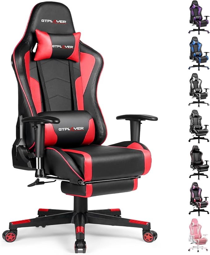 GTRACING Silla de juegos con reposapiés, altavoces, silla de videojuegos, Bluetooth, música, resistente, ergonómica, para computadora, oficina, escritorio, color rojo