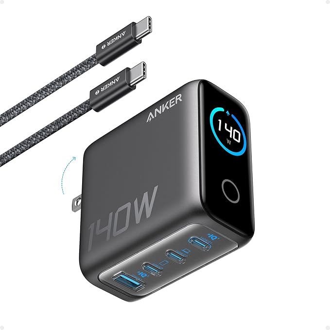 Anker Cargador MacBook Pro, 140 W Max 4 puertos GaN USB C bloque de cargador con pantalla inteligente, cargador rápido USB C, controles táctiles para Macbook, iPad, iPhone 17/16 Series (incluye cable de 5 pies, sin batería)