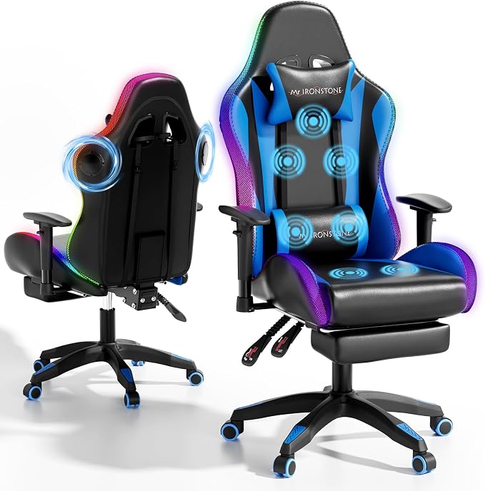 Mr IRONSTONE Silla de juegos RGB con altavoces Bluetooth, silla de juegos de masaje de vibración multipunto (asiento, respaldo y lumbar), reclinable ergonómico de respaldo alto, reposapiés para
