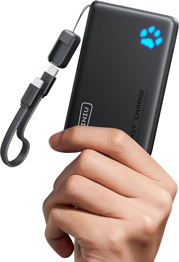 INIU Cargador portátil, ultra delgado de 45W de carga rápida con cable USB C adjunto, batería de power bank PD de 10000mAh segura para vuelos, powerbank esencial para teléfonos en viajes para iPhone