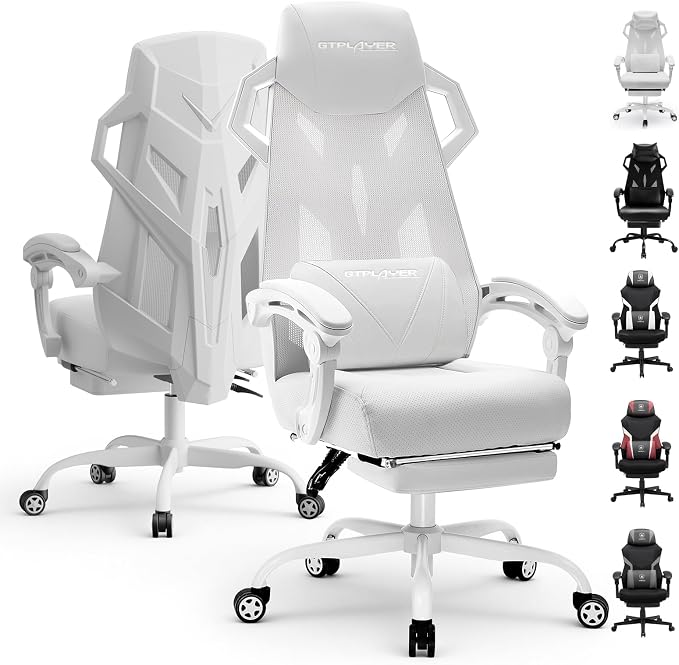 GTPLAYER Silla de computadora con reposapiés ajustable, silla ergonómica para juegos con reposacabezas y soporte lumbar, silla de oficina de malla transpirable para adultos, silla de escritorio