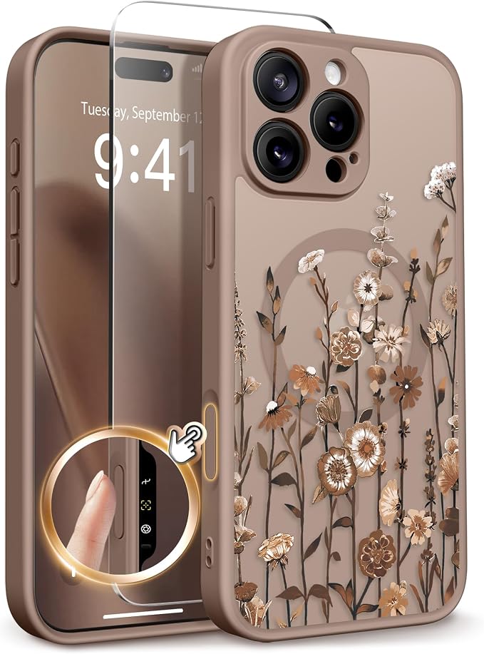 GVIEWIN Funda para iPhone 16 Pro compatible con MagSafe, [protección de grado militar] [protector de pantalla] protección completa de la cámara, funda magnética floral translúcida para mujeres