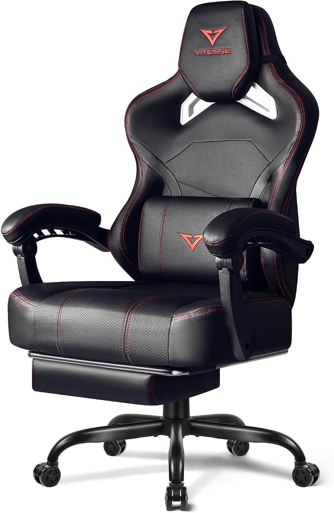 VITESSE Silla de juegos grande y alta, capacidad de peso de 400 libras con reposapiés, silla ergonómica de videojuegos para adultos con reposacabezas de gran tamaño y almohada lumbar, silla de