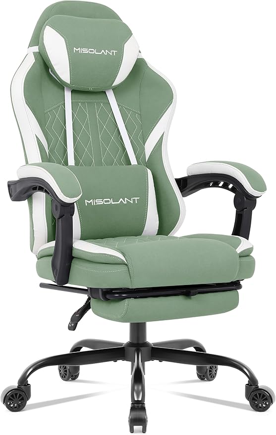 Misolant Silla Gaming, Silla Gamer de Tela con reposapiés para Adultos, Silla Ergonómica de Respaldo Alto para Juegos de Computadora con Reposacabezas Ajustable y Soporte Lumbar de Masaje, Reclinación