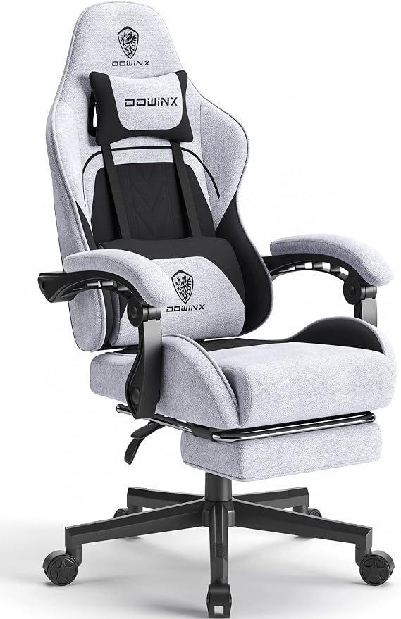 Silla de juego Dowinx de tela con colchón de muelles de bolsillo, silla de juego de masaje de tela con reposacabezas, silla de computadora ergonómica con reposapiés 290LBS, negro y gris
