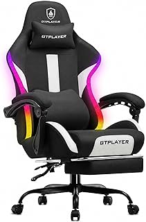 GTPLAYER Silla RGB para videojuegos con reposapiés, luces LED, silla ergonómica para computadora con reposabrazos de varilla, tela transpirable para escritorio de oficina en casa, sillas de