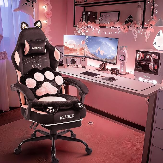 Rosa Bonita Silla de Juegos Rosa con Orejas de Gato y Soporte Lumbar